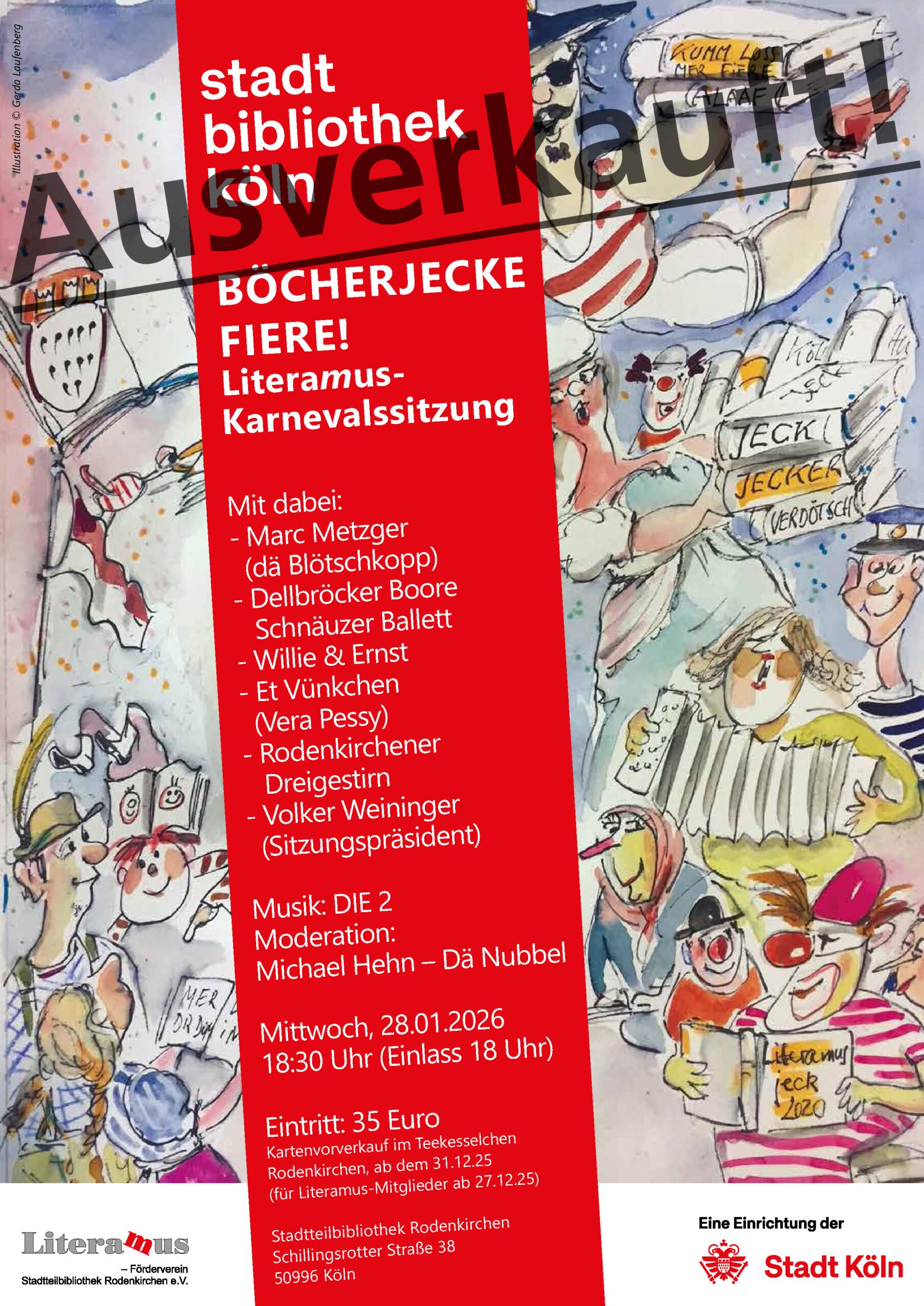 Plakat-Karneval-Literamus-28.1.2026 28. Januar 2026 um 18.30 Uhr: BÖCHERJECKE FIERE! Die Literamus-Karnevalssitzung