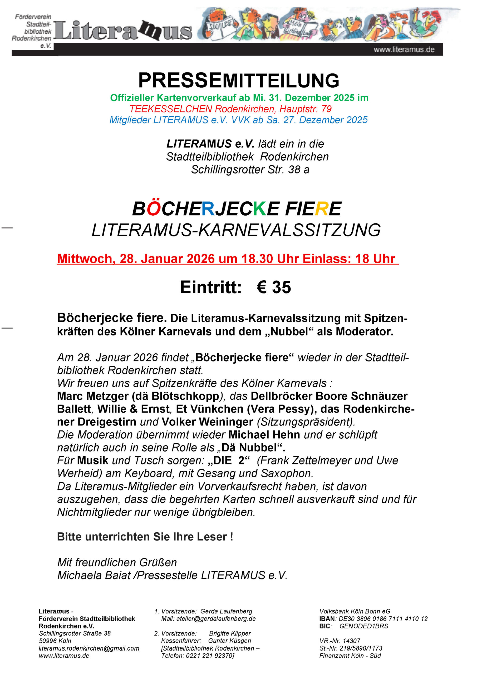 Pressemitteilung LIT . neuer Briefbogen . 28.1.26 Böcherjecke fiere 28. Januar 2026 um 18.30 Uhr: BÖCHERJECKE FIERE! Die Literamus-Karnevalssitzung